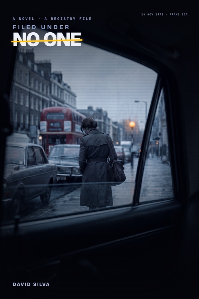 Cover of Filed Under No One: a woman seen from behind on a wet London street, photographed from inside a car.