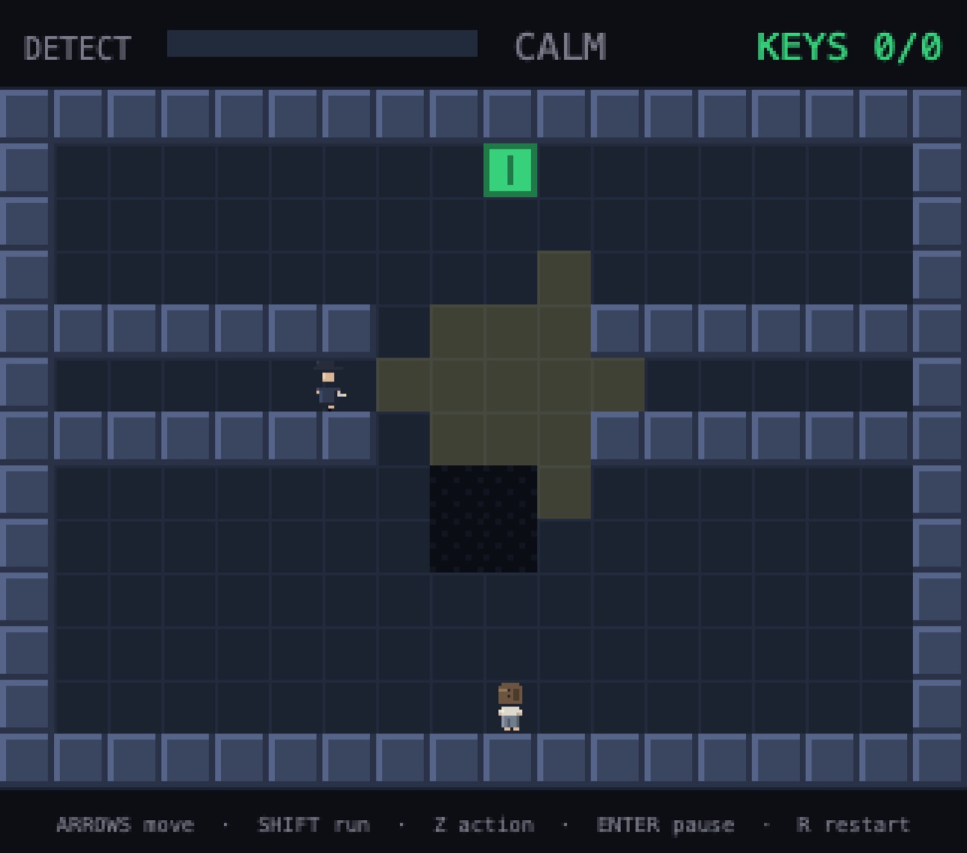 A guard's pale cone of light sweeps a corridor; the player waits one tile outside it, in shadow.