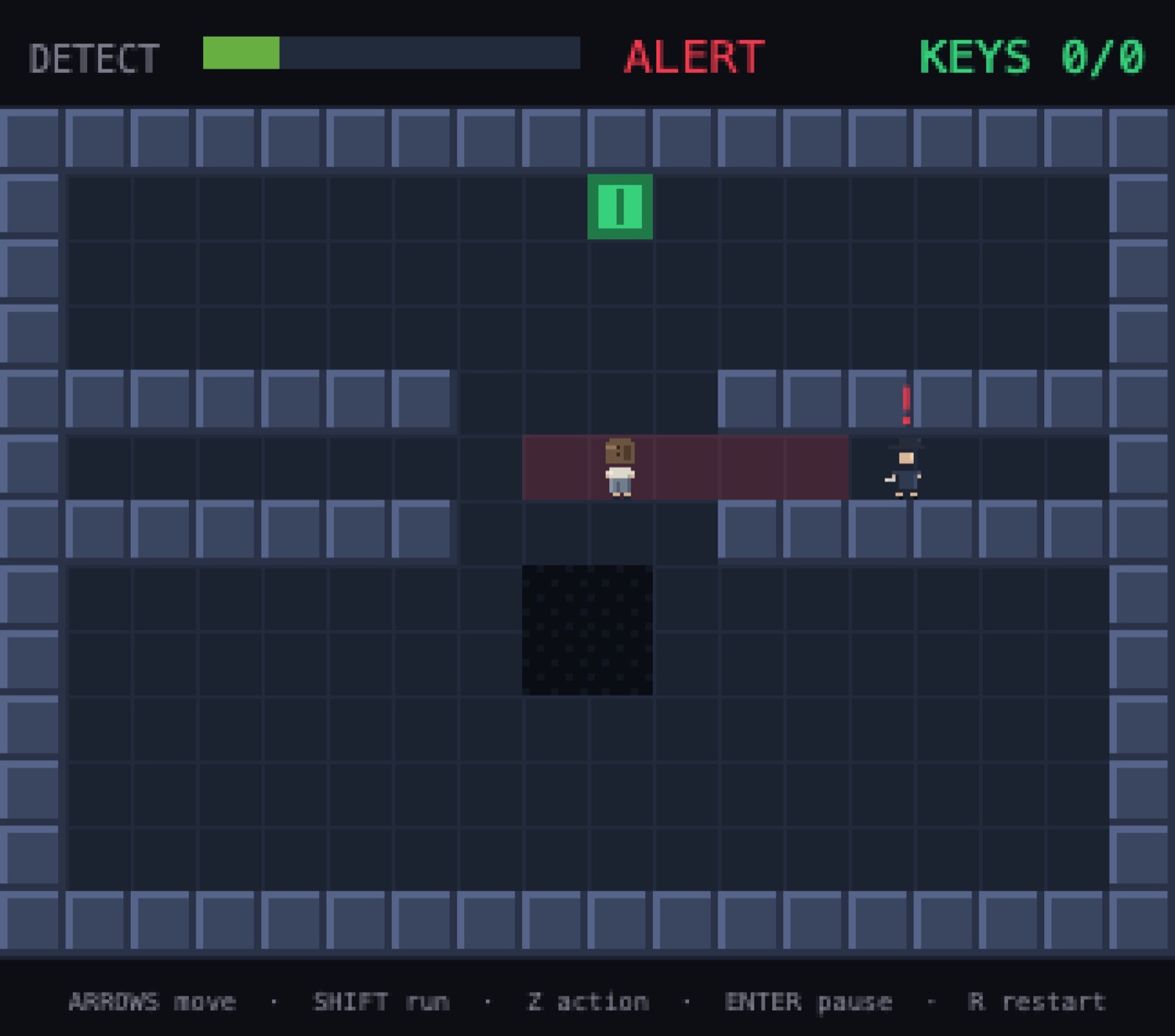 The HUD reads ALERT in red; a guard shows a red exclamation mark and a red vision cone falls on the player.