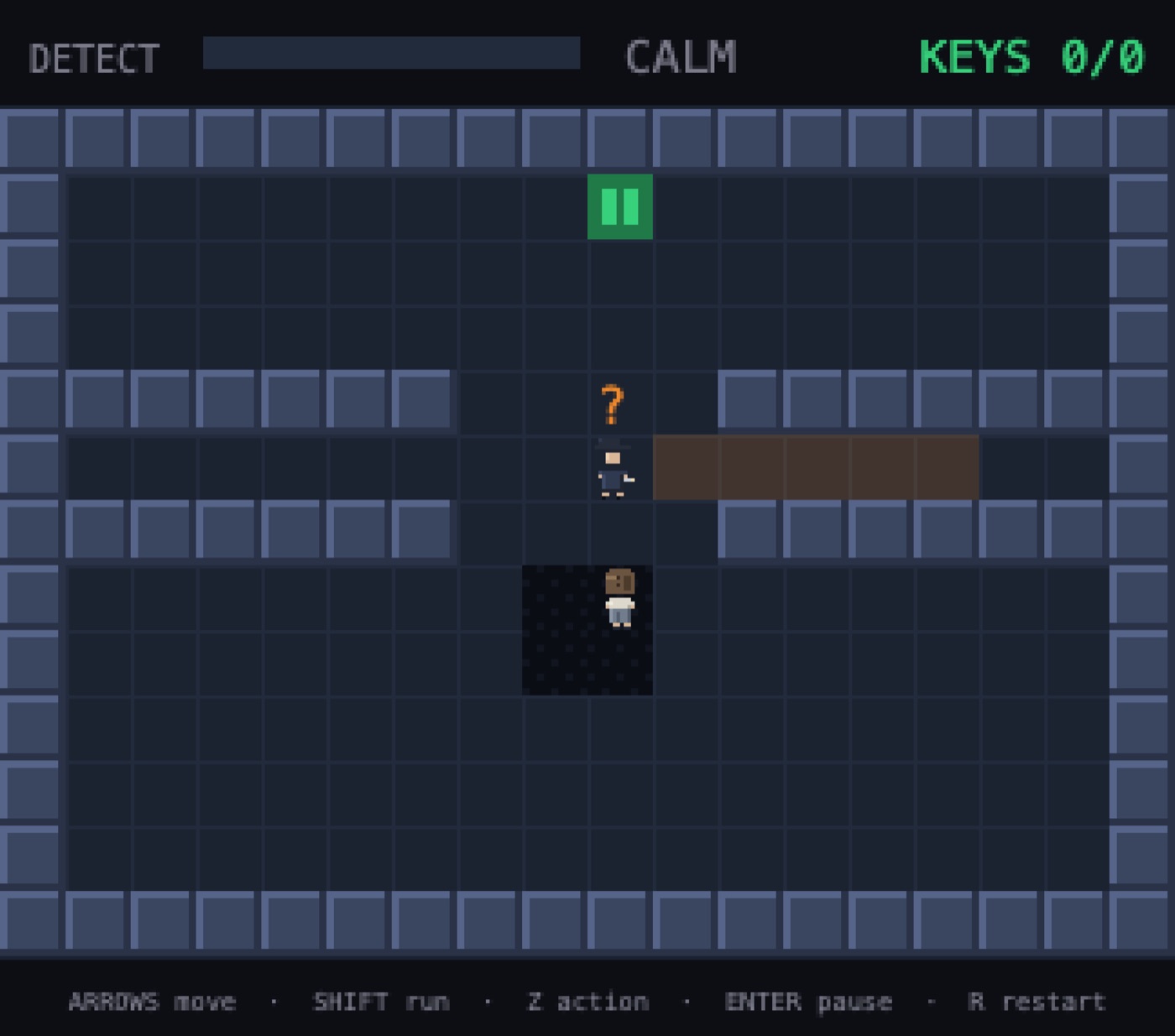 A guard shows a question mark and turns toward a noise; the HUD ticks toward suspicion.