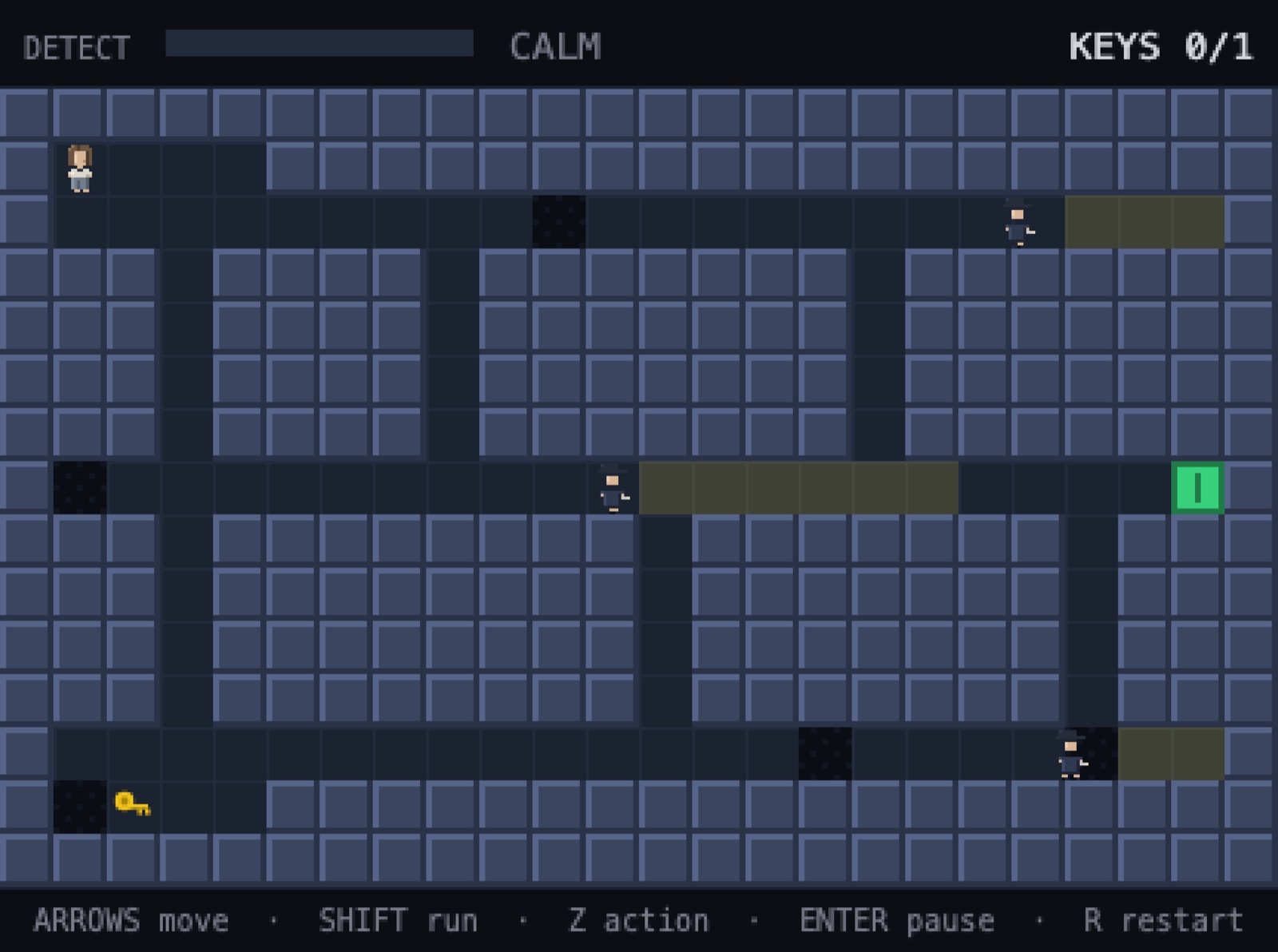 A top-down view of the game: a dark grid of corridors, the player and a guard, the green exit, crossed by pale cones of light.