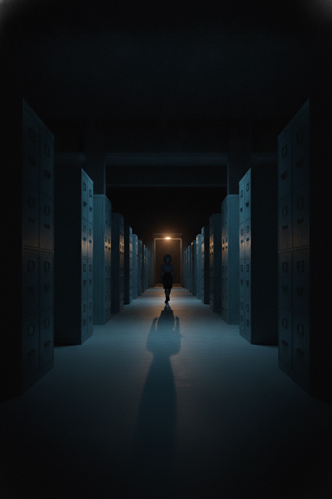 A vast records corridor at night.