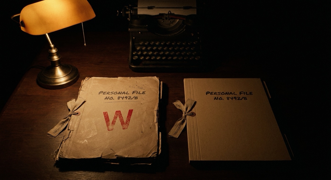A file marked with a red W beside a too-clean twin.
