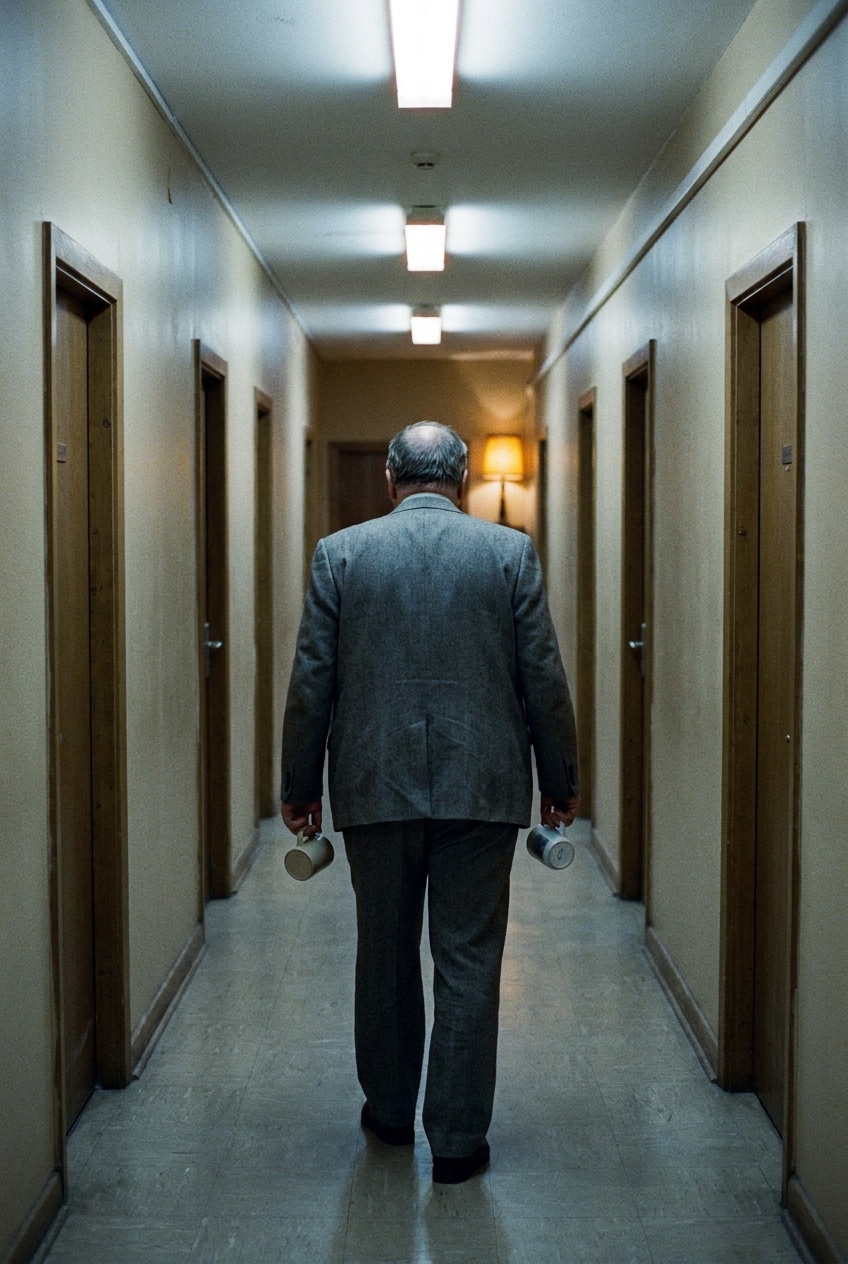 A heavy grey-suited man walking away down a strip-lit corridor, two cups in hand.