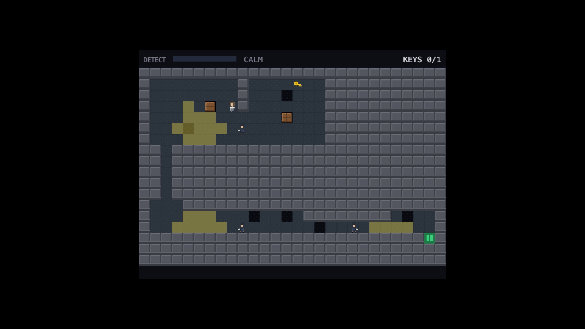 Dark corridors crossed by olive guard cones.